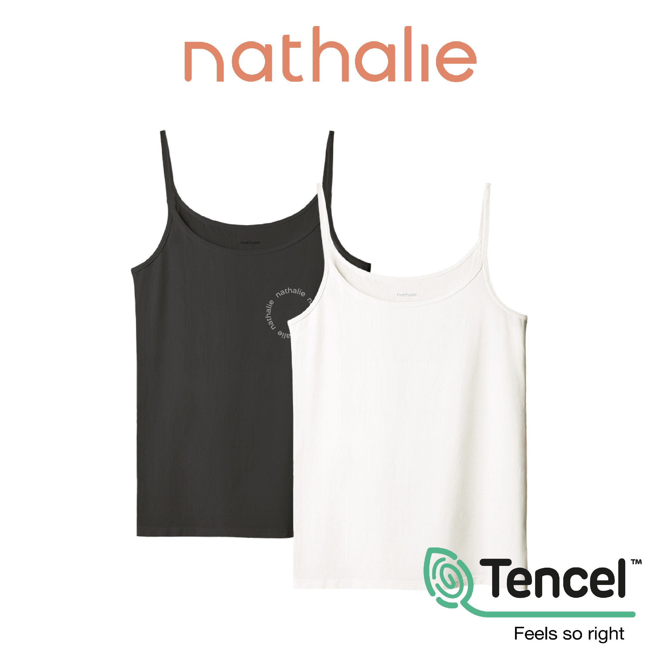 Black and white tank tops with 'nathalie' branding and Tencel logo on a white background.